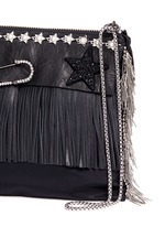 Detail View -Click To Enlarge Pear star chain embellished leather fringe clutch
