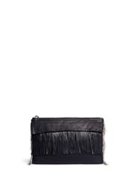 Back View -Click To Enlarge Pear star chain embellished leather fringe clutch