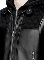 Detail View -Click To Enlarge Leather front bonded jersey double zip hoodie