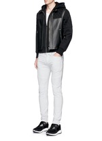 Figure View -Click To Enlarge Leather front bonded jersey double zip hoodie