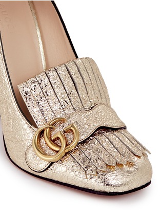 Click To Zoom Gucci - Kiltie fringe metallic leather loafer pumps