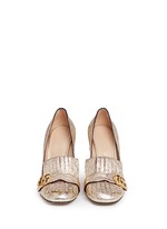 Front View -Click To Enlarge Kiltie fringe metallic leather loafer pumps