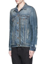 Front View -Click To Enlarge 'Zipper Trucker' distressed denim jacket