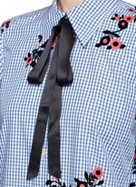 Detail View -Click To Enlarge Satin tie flocked floral print gingham shirt