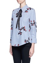 Front View -Click To Enlarge Satin tie flocked floral print gingham shirt