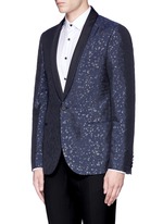 Front View -Click To Enlarge Slim fit metallic jacquard tuxedo blazer