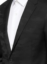 Detail View -Click To Enlarge Bomber sleeve camouflage jacquard blazer