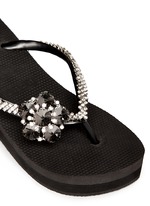 Detail View -Click To Enlarge 'Black Swan' crystal flower wedge flip flops