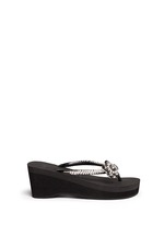 Main View -Click To Enlarge 'Black Swan' crystal flower wedge flip flops