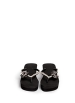 Figure View -Click To Enlarge 'Black Swan' crystal flower wedge flip flops