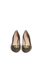 Front View -Click To Enlarge 'Luna' metal logo suede wedge pumps