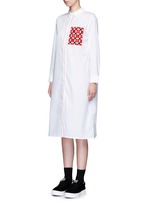 Front View -Click To Enlarge Woven ribbon pocket long cotton shirt dress