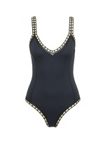 Main View -Click To Enlarge 'Chacha' metallic crochet trim scoop back one-piece swimsuit
