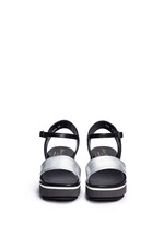 Front View -Click To Enlarge 'Penny' metallic leather band flatform sandals