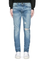 Detail View -Click To Enlarge Destroyed knee patch skinny jeans