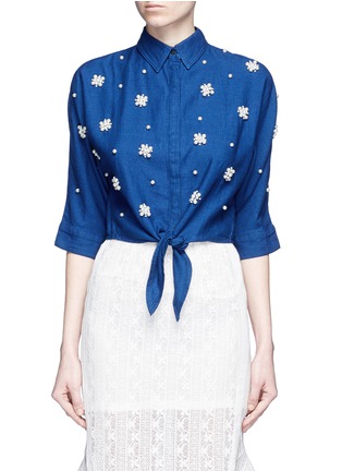 Main View - Click To Enlarge Main View - Click To Enlarge - Mo&Co. - Faux pearl embellished tie front denim shirt
