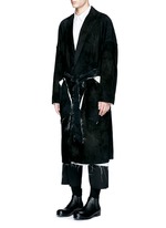 Front View -Click To Enlarge Raw edge lining belted suede coat