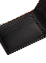 Detail View -Click To Enlarge Stripe print interior leather bifold wallet