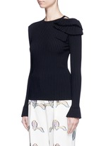 Front View -Click To Enlarge Ruffle cutout shoulder rib knit top