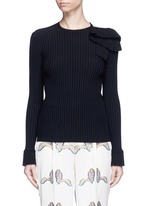 Main View -Click To Enlarge Ruffle cutout shoulder rib knit top