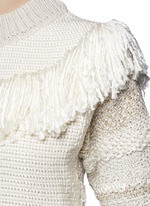 Detail View -Click To Enlarge Fringed shoulder metallic tweed knit sweater