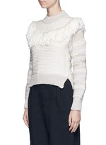 Front View -Click To Enlarge Fringed shoulder metallic tweed knit sweater