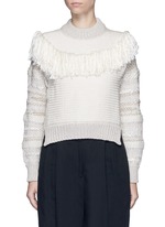Main View -Click To Enlarge Fringed shoulder metallic tweed knit sweater