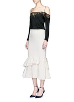 Figure View -Click To Enlarge Asymmetric ruffle linen blend midi skirt