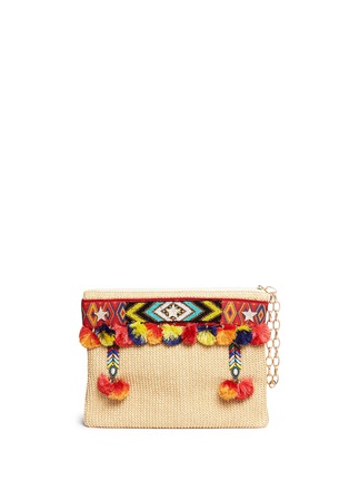 Main View - Click To Enlarge Main View - Click To Enlarge - Venna - 'Lovely' embroidered tribal beadwork pompom raffia clutch