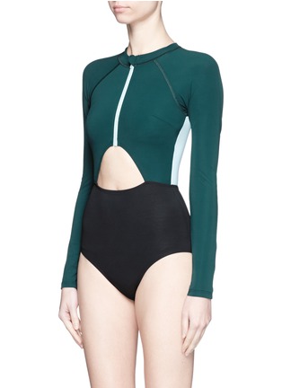 Figure View - Click To Enlarge - FLAGPOLE SWIM - 'Kelly' cutout colourblock long sleeve swimsuit