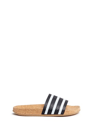 Main View - Click To Enlarge - ADIDAS - 'Adilette' stripe embossed leather cork slide sandals