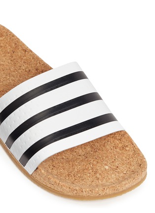 Detail View - Click To Enlarge - ADIDAS - 'Adilette' stripe embossed leather cork slide sandals