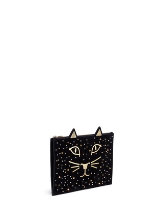 Detail View - Click To Enlarge - CHARLOTTE OLYMPIA - 'Feline' kitty face embellished suede pouch