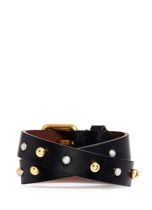 Figure View - Click To Enlarge - ALEXANDER MCQUEEN - Skull safety pin charm double wrap stud leather bracelet