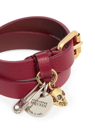Detail View - Click To Enlarge - ALEXANDER MCQUEEN - Skull safety pin charm double wrap leather bracelet