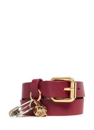 Main View - Click To Enlarge - ALEXANDER MCQUEEN - Skull safety pin charm double wrap leather bracelet