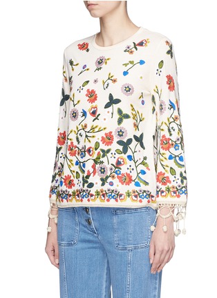 Front View - Click To Enlarge - ALICE & OLIVIA - 'Lenora' pompom cuff floral embroidered sweater