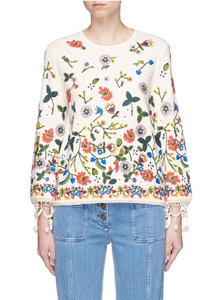 Main View - Click To Enlarge - ALICE & OLIVIA - 'Lenora' pompom cuff floral embroidered sweater
