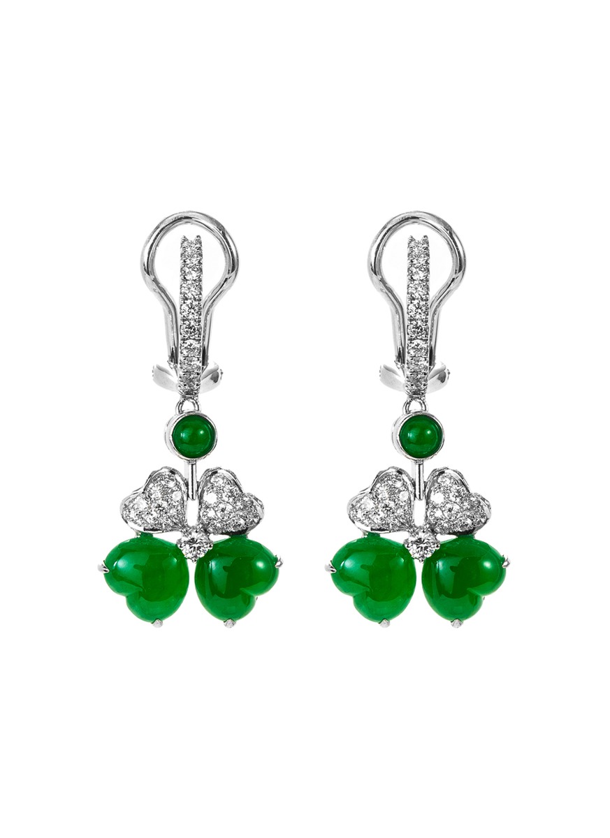 Diamond jade 18k white gold clover shaped drop earrings