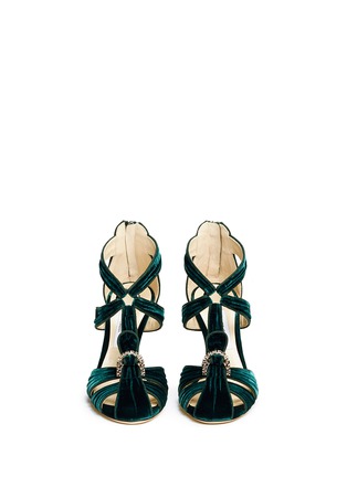 Front View - Click To Enlarge - JIMMY CHOO - 'Krissy 100' Swarovski crystal brooch pleated velvet sandals