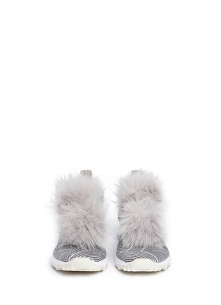 Front View - Click To Enlarge - JIMMY CHOO - 'Norway' fox fur pompom star Lurex knit sock sneakers