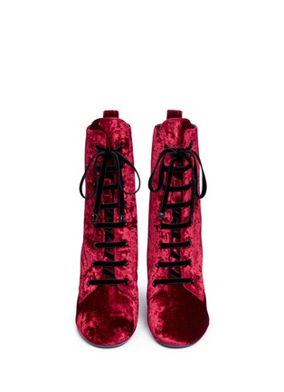 Front View - Click To Enlarge - SAINT LAURENT - 'Loulou 95' lace up velvet mid calf boots