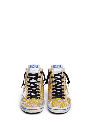 Front View - Click To Enlarge - GOLDEN GOOSE - 'Francy' stripe coarse glitter high top sneakers