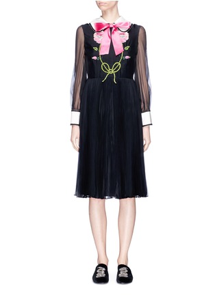 Main View - Click To Enlarge - GUCCI - Bow neck floral embellished and tiger embroidered organza dress