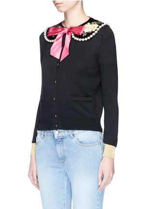 Front View - Click To Enlarge - GUCCI - Bow glass pearl floral embroidered collar cashmere-silk cardigan