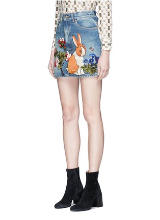 Front View - Click To Enlarge - GUCCI - Bunny floral appliqué denim skirt