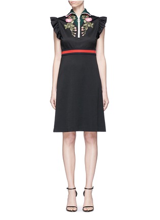 Main View - Click To Enlarge - GUCCI - Floral appliqué ruffle sleeve tech jersey dress