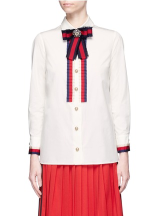 Main View - Click To Enlarge - GUCCI - Jewelled Web bow brooch GG pearl shirt