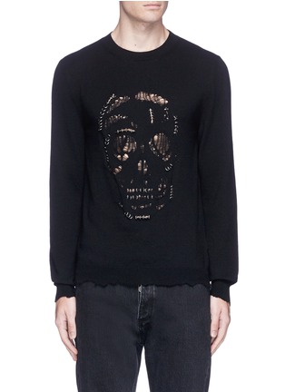 Main View - Click To Enlarge - ALEXANDER MCQUEEN - 'Punk Skull' metal ring distressed sweater