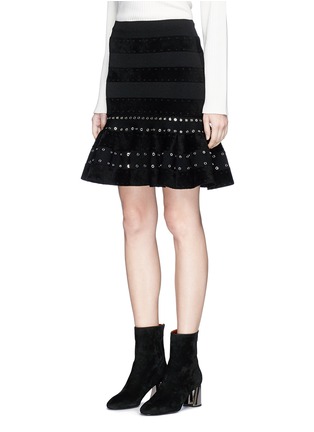 Front View - Click To Enlarge - ALEXANDER MCQUEEN - Eyelet embellished stripe velour fluted skirt